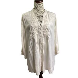 Chelsea Studio Blouse crochet V-Neck Button Up 3/4 Sleeve 2X cream